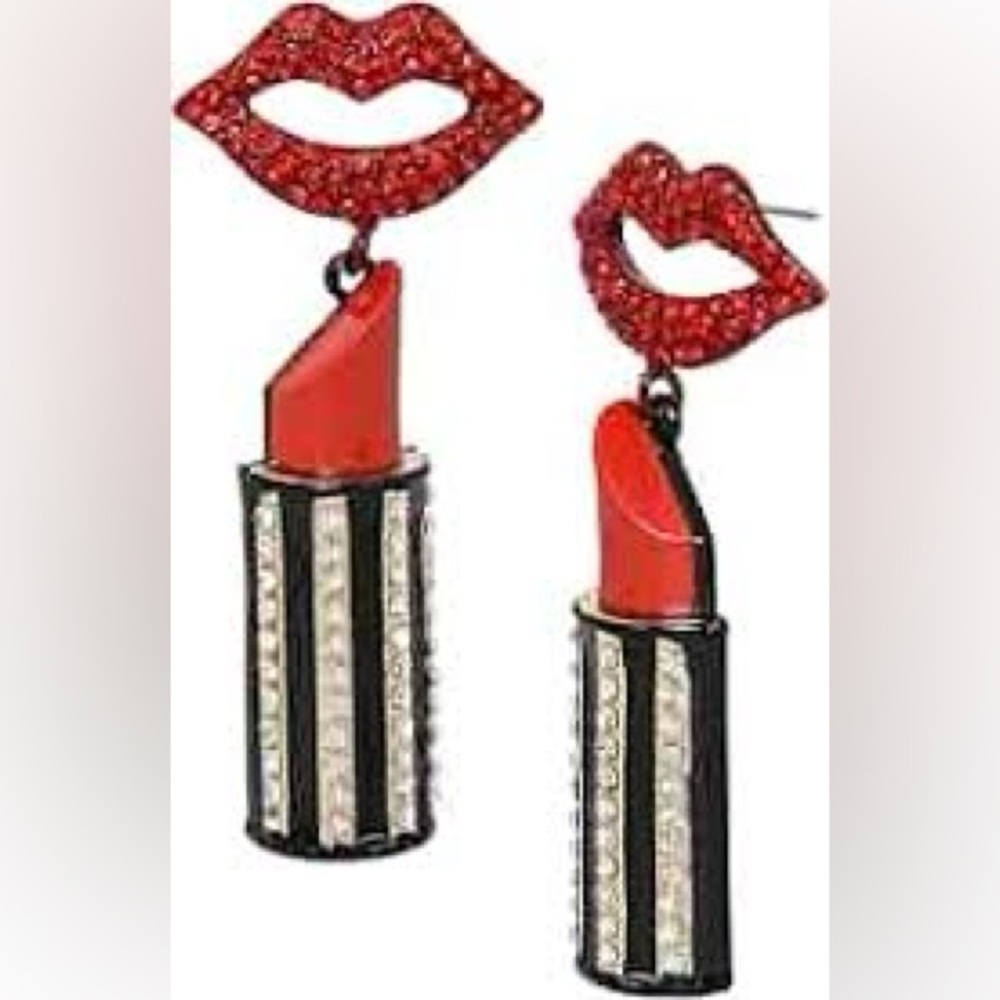 BETSEY JOHNSON Lipstick Earrings Drop Studs Going All Out Sparkly Rhinestone Lip